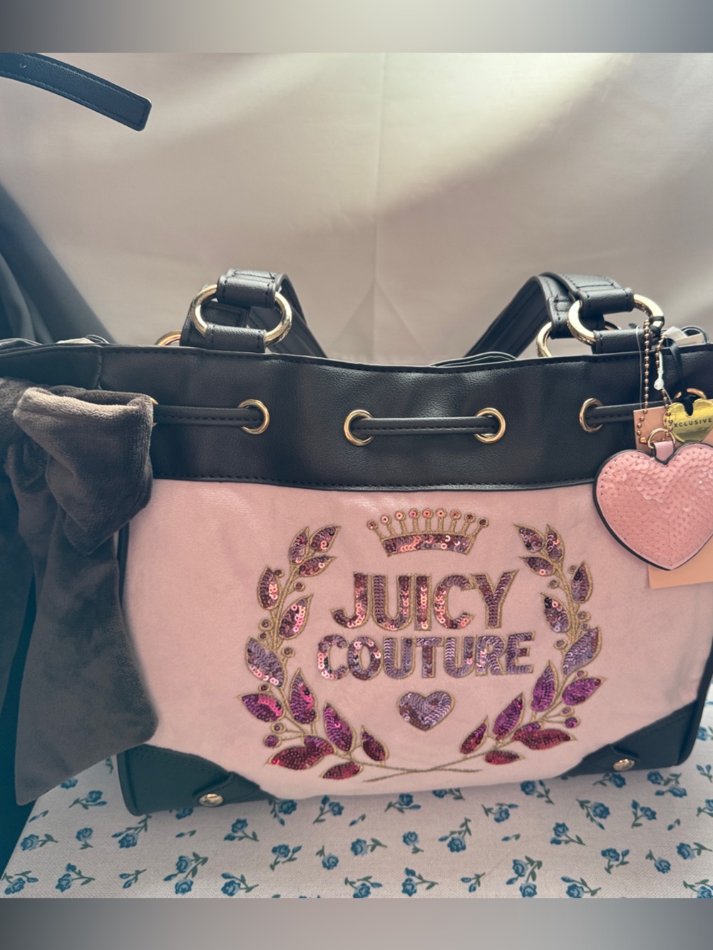 Juicy Couture Pink and Black Embellished Shoulder Bag with Heart Charm